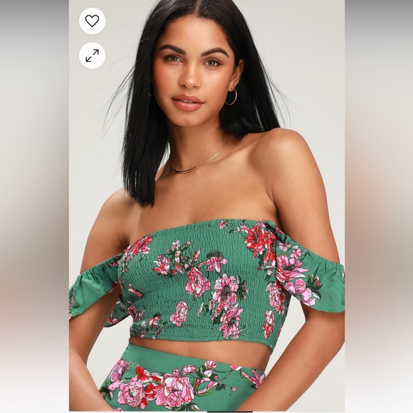 Lulus green pink floral off shoulder crop top skirt two 2 maxi set two piece - Picture 5 of 11